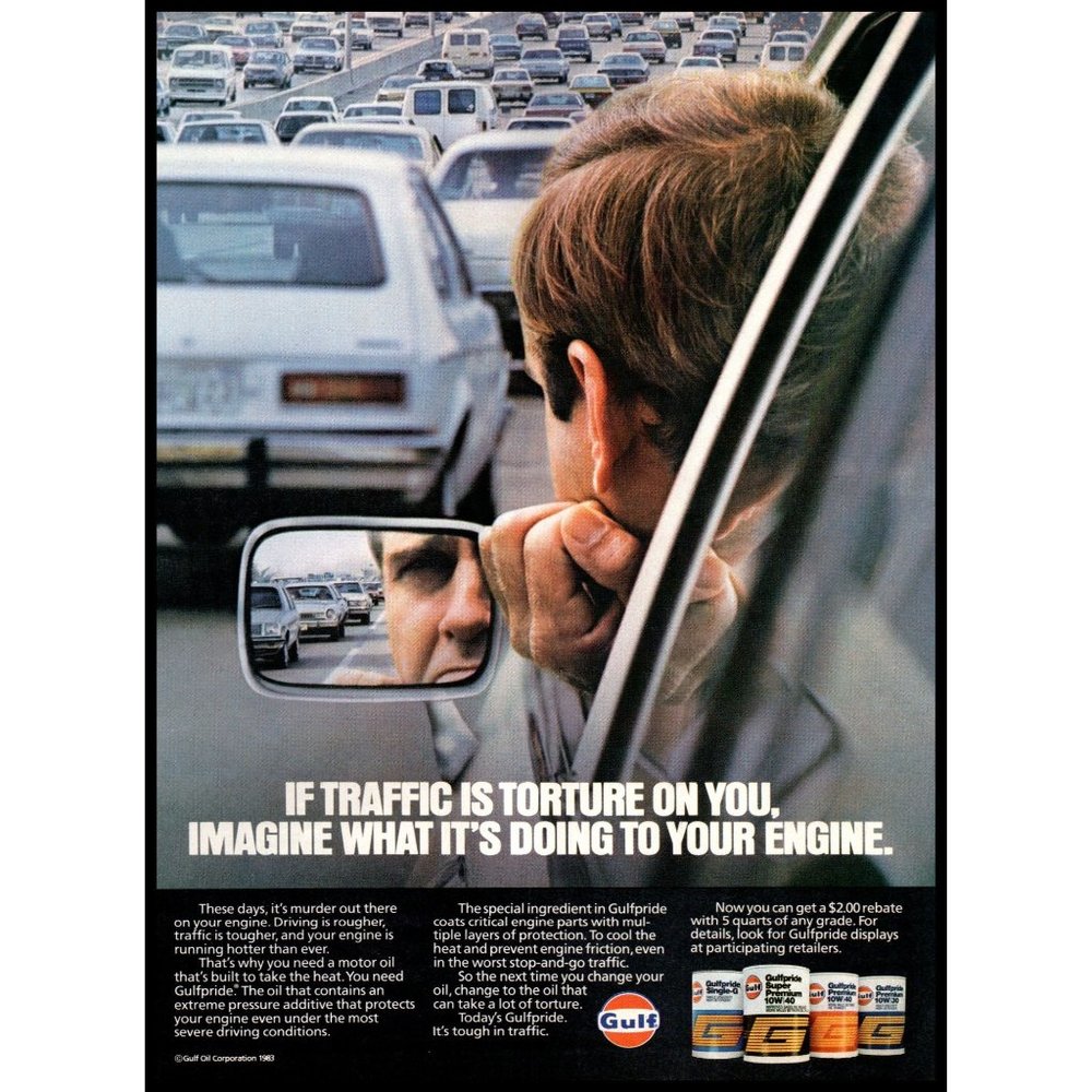 1983 Gulfpride Gulf Motor Oil Vintage Print Ad Rush Hour Traffic Jam Wall Art
